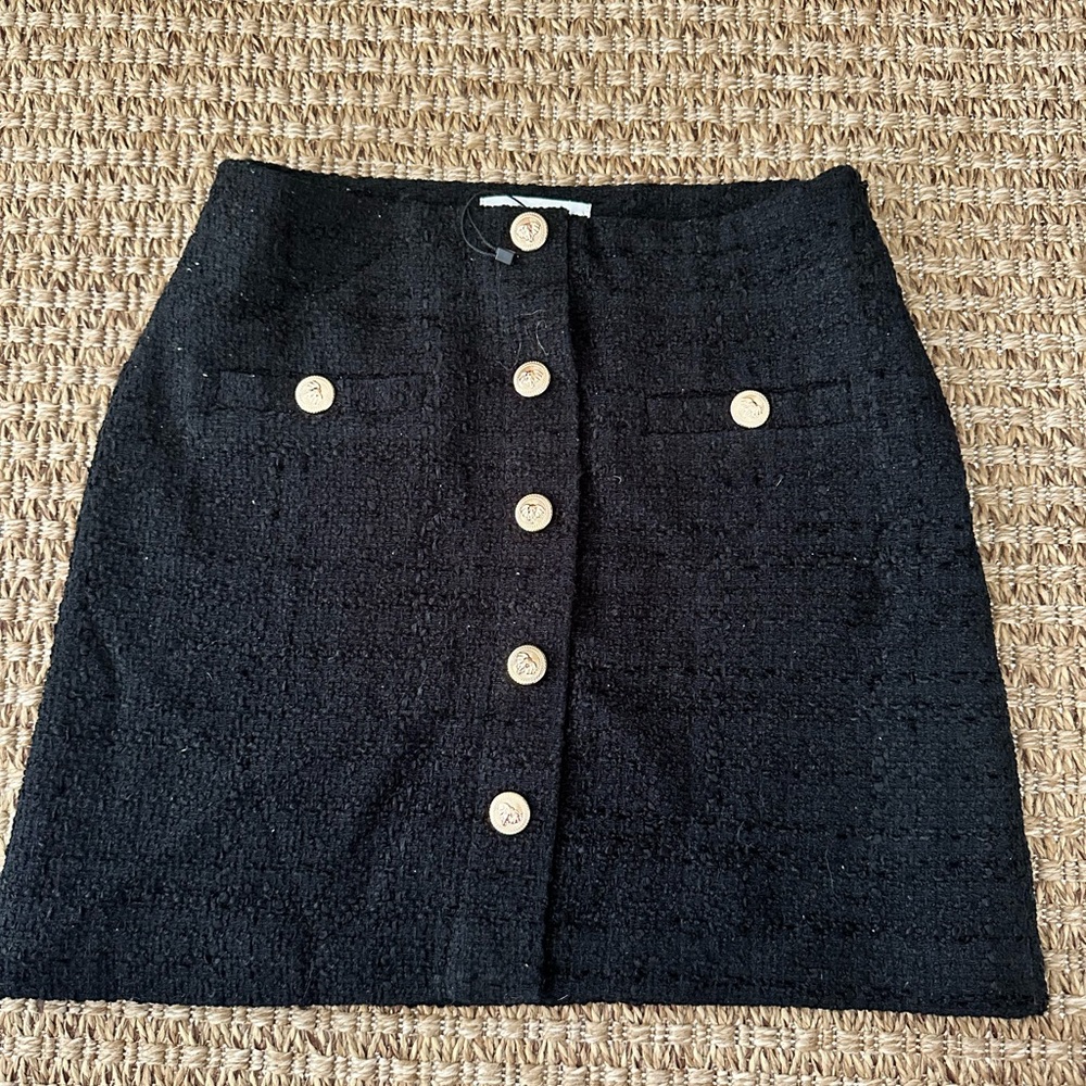 Mango Black Tweed Mini Skirt with Buttons
